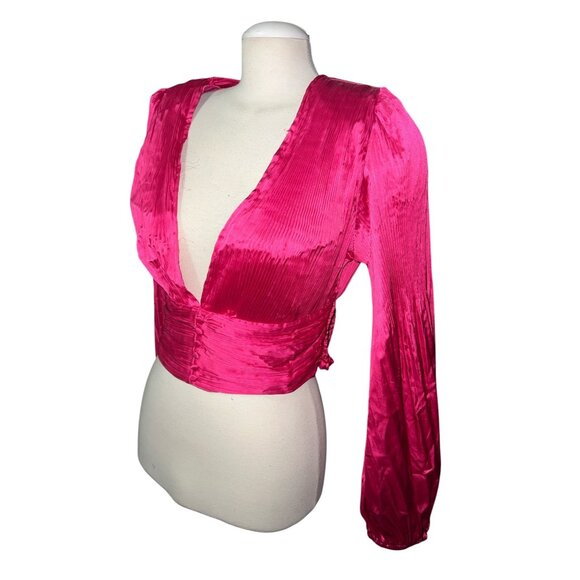 Do+Be Hot Pink Long Sleeve Plunging V-Neck Crop Top Size Large Womens - Picture 1 of 12